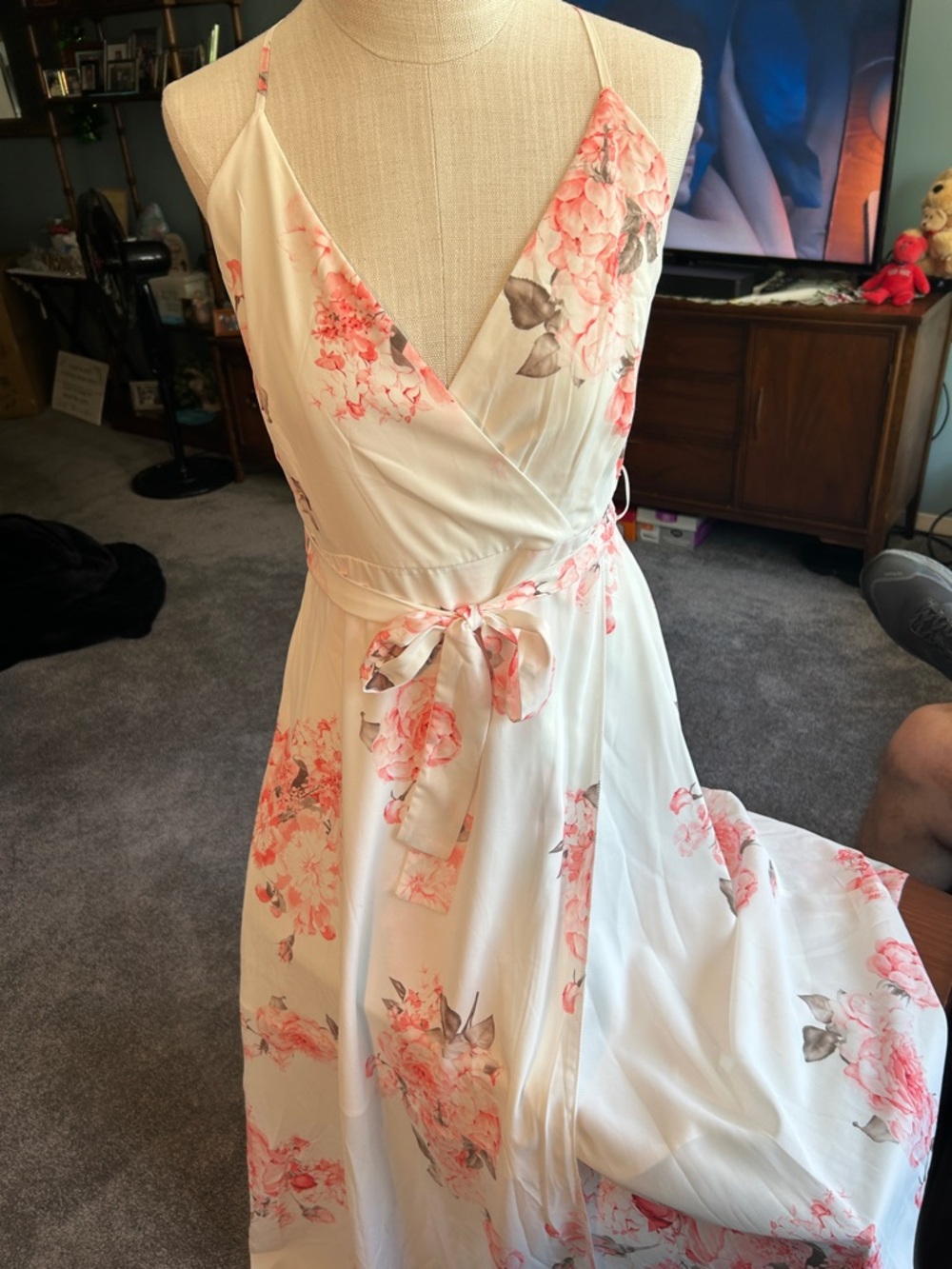 SHEIN- Size Large Floral Wrap Maxi Dress in Blush Pink on Cream Strapless